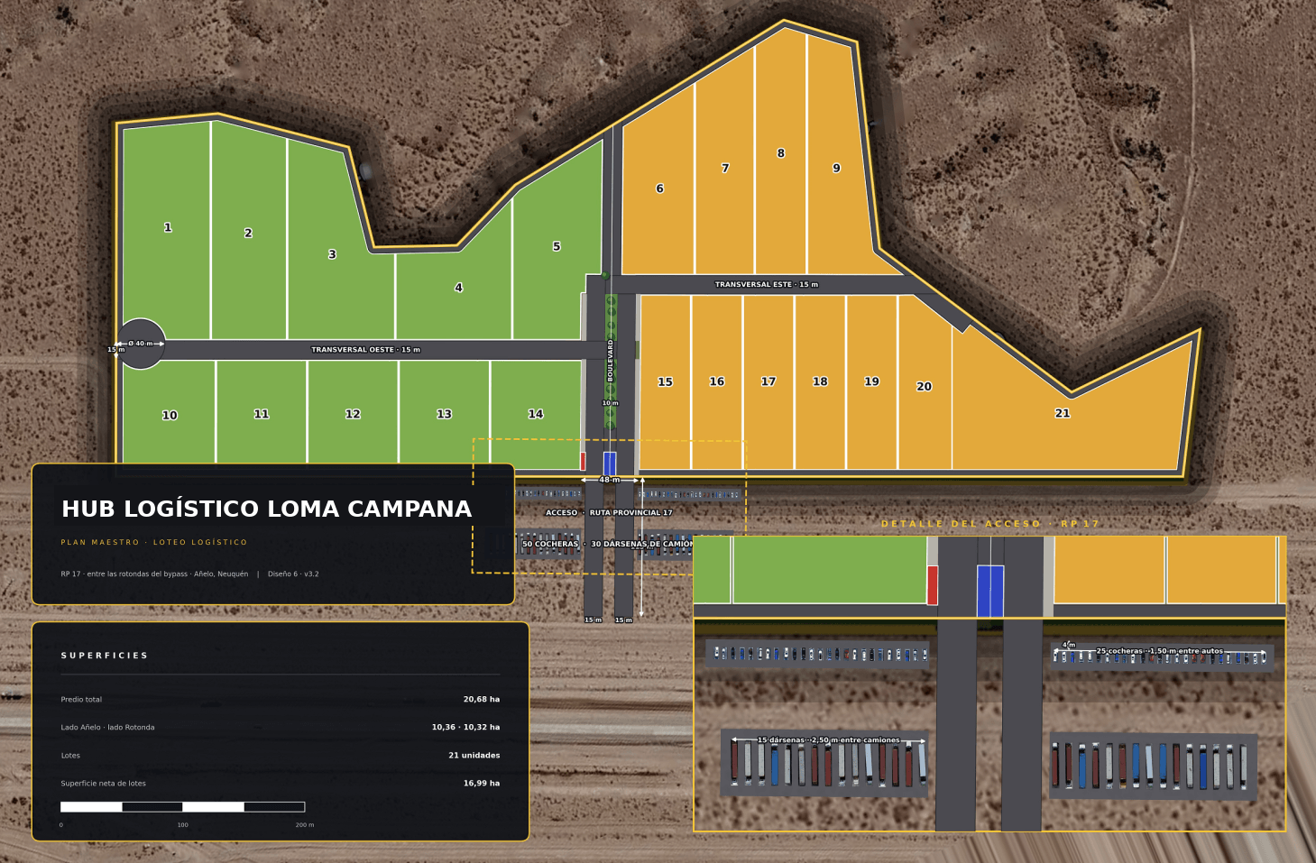 Plan maestro del loteo: 21 lotes en los sectores Añelo y Rotonda
