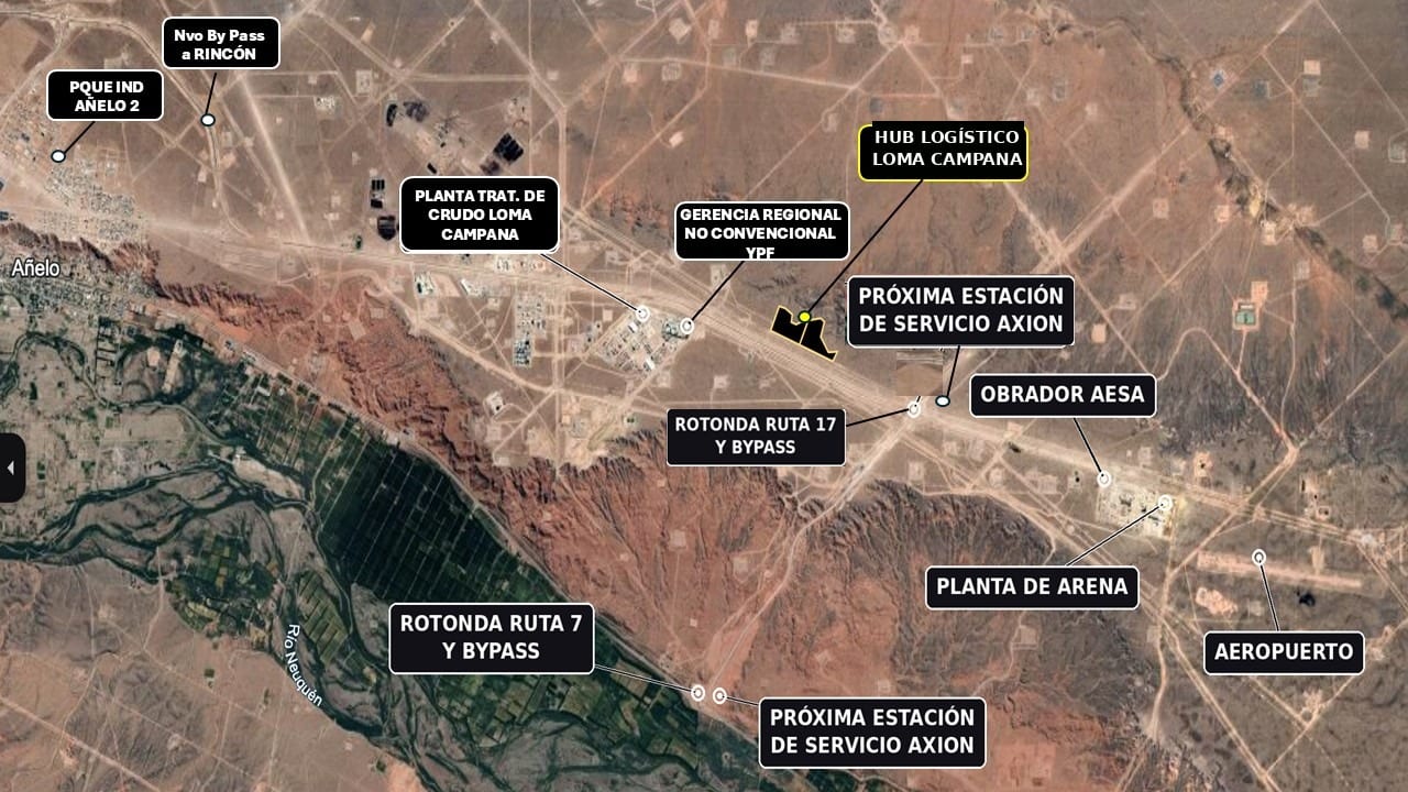 Ubicación sobre imagen satelital: RP 17, nuevo By Pass y operaciones de YPF en Loma Campana